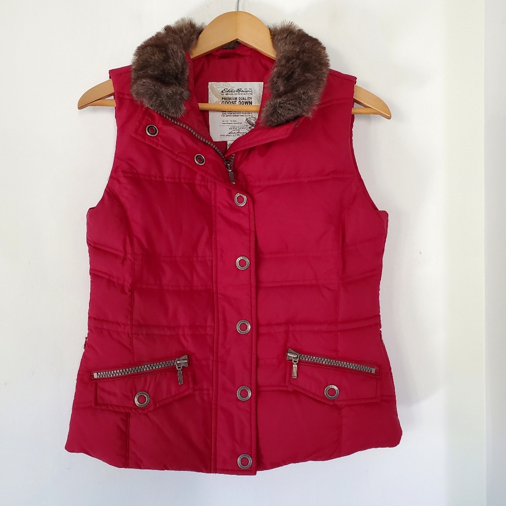 Red Puffer Vest *Goose Down 700 Fill* Faux Fur Ski Snow XS EDDIE BAUER Outdoor